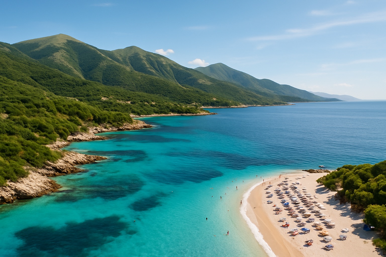 Albanische Riviera bei Ksamil mit tuerkisem Meer
