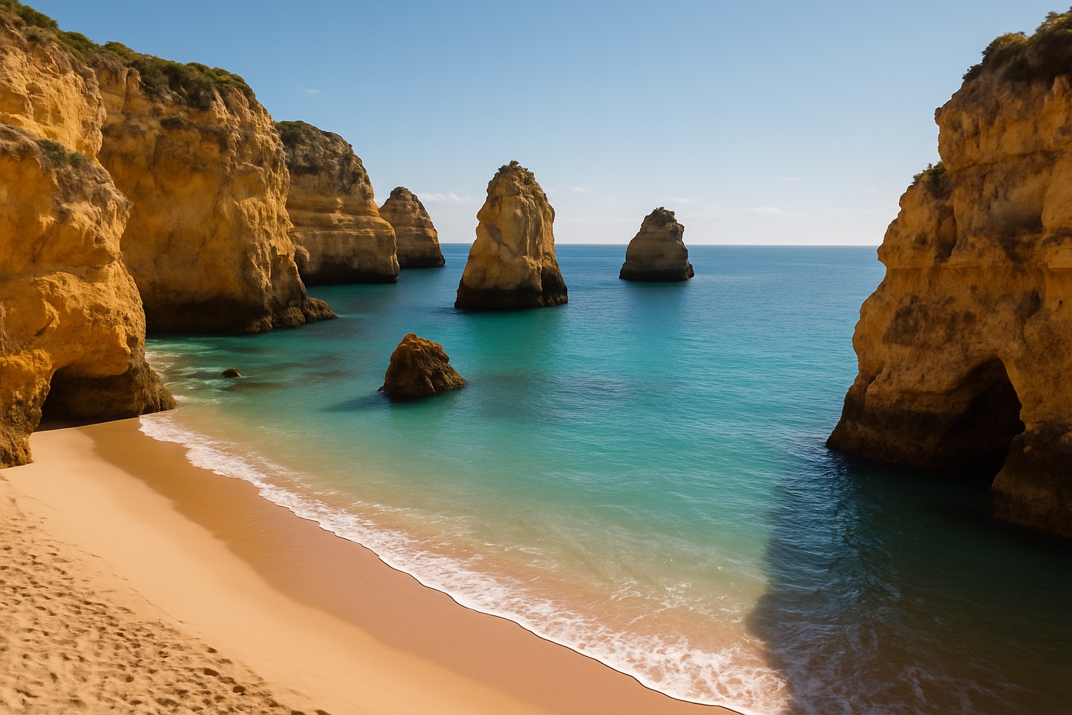 Familienfreundliche Badebucht mit Felsklippen an der Algarve in Portugal