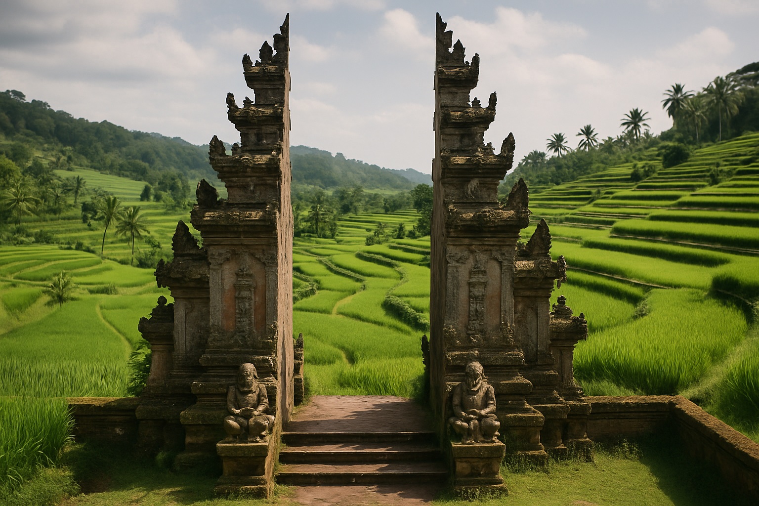 Balinesisches Tempeltor und grüne Reisterrassen auf Bali