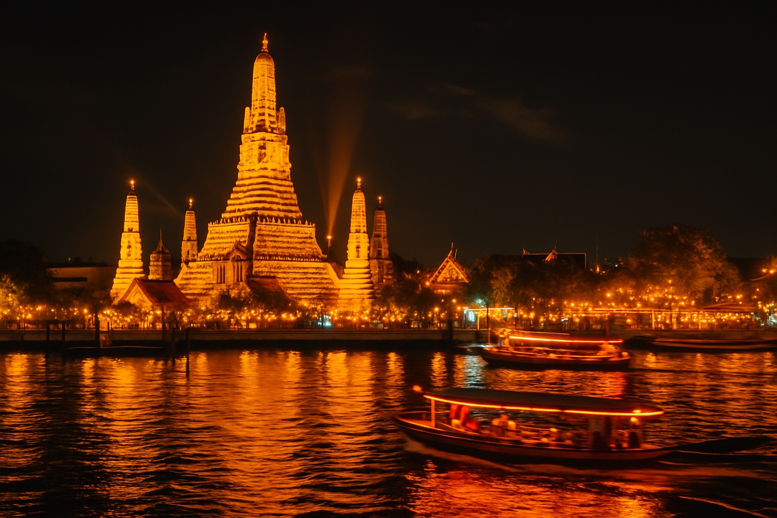 Beleuchtete Tempel am Chao Phraya in Bangkok bei Nacht mit Flussbooten