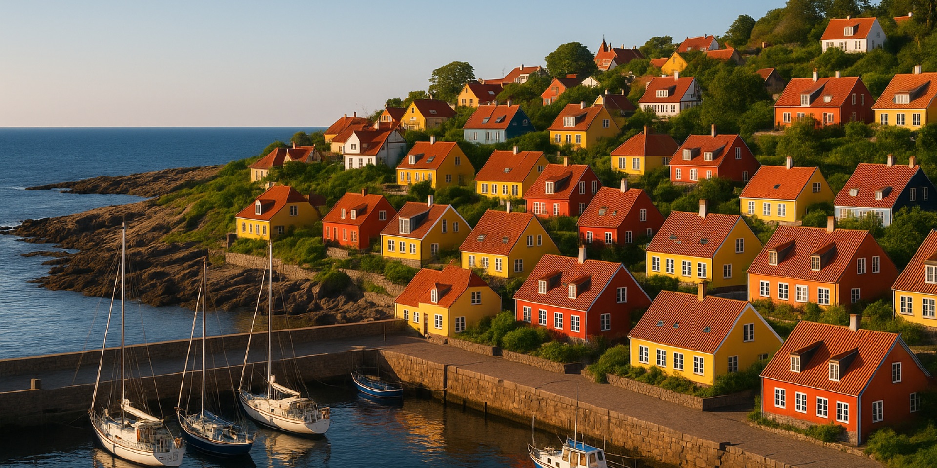 Bunte Häuser des Fischerdorfs Gudhjem an der Ostseeküste von Bornholm