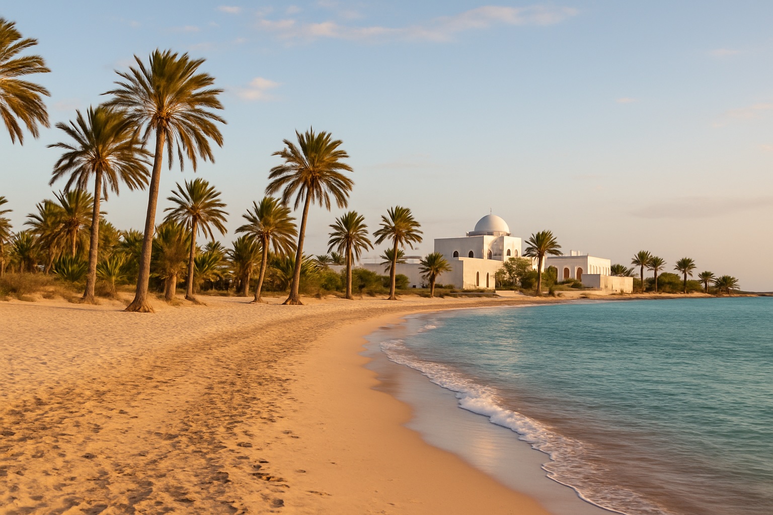 Strand mit Palmen und traditioneller Architektur auf der Insel Djerba in Tunesien