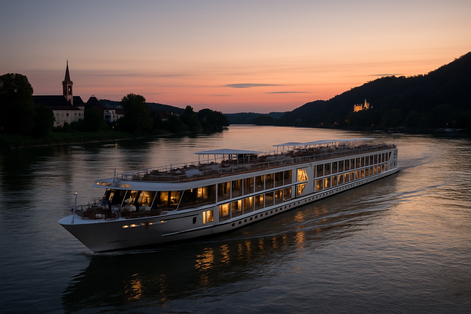Elegantes Flusskreuzfahrtschiff auf einem europäischen Fluss