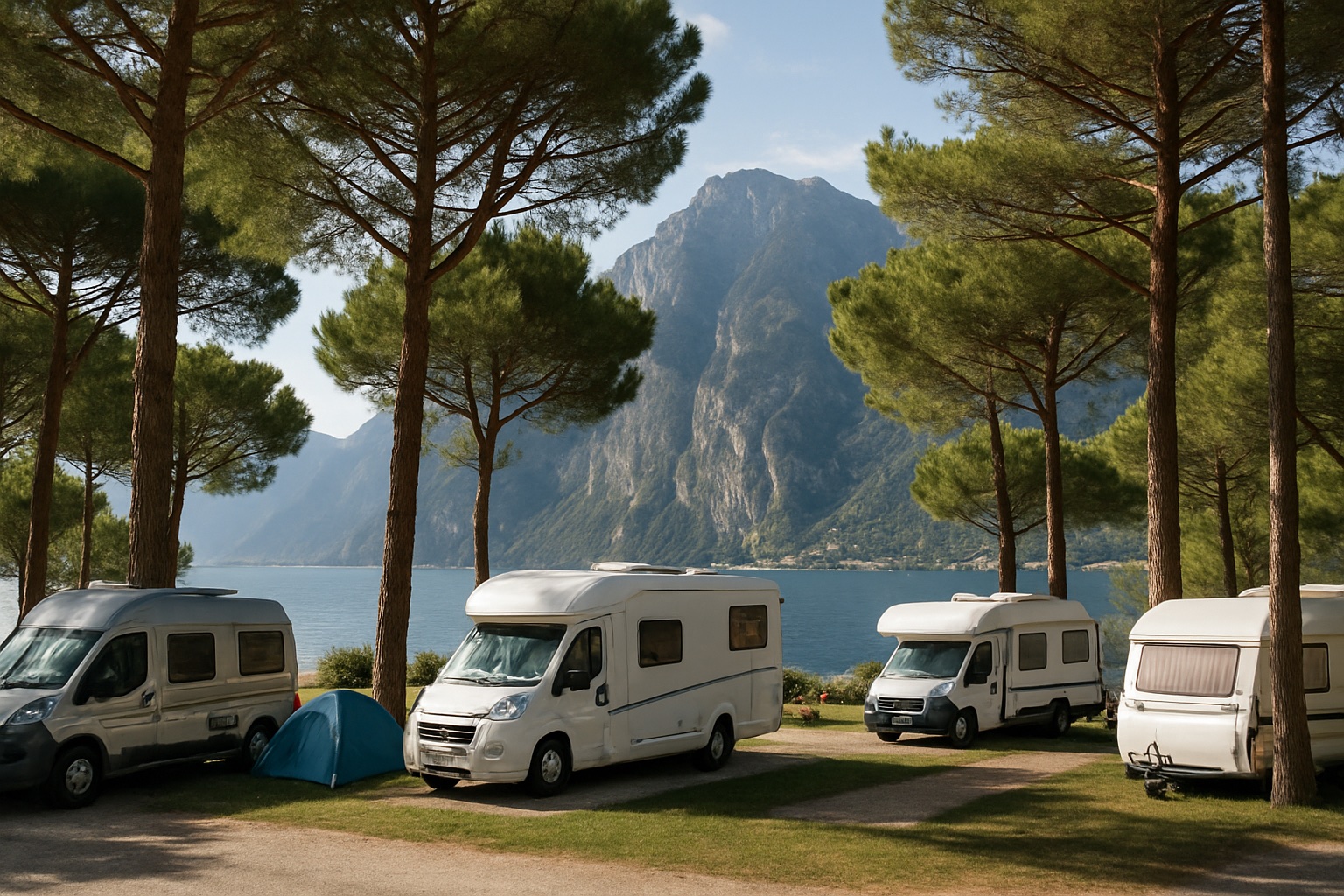 Campingplatz am Gardasee mit Bergen im Hintergrund
