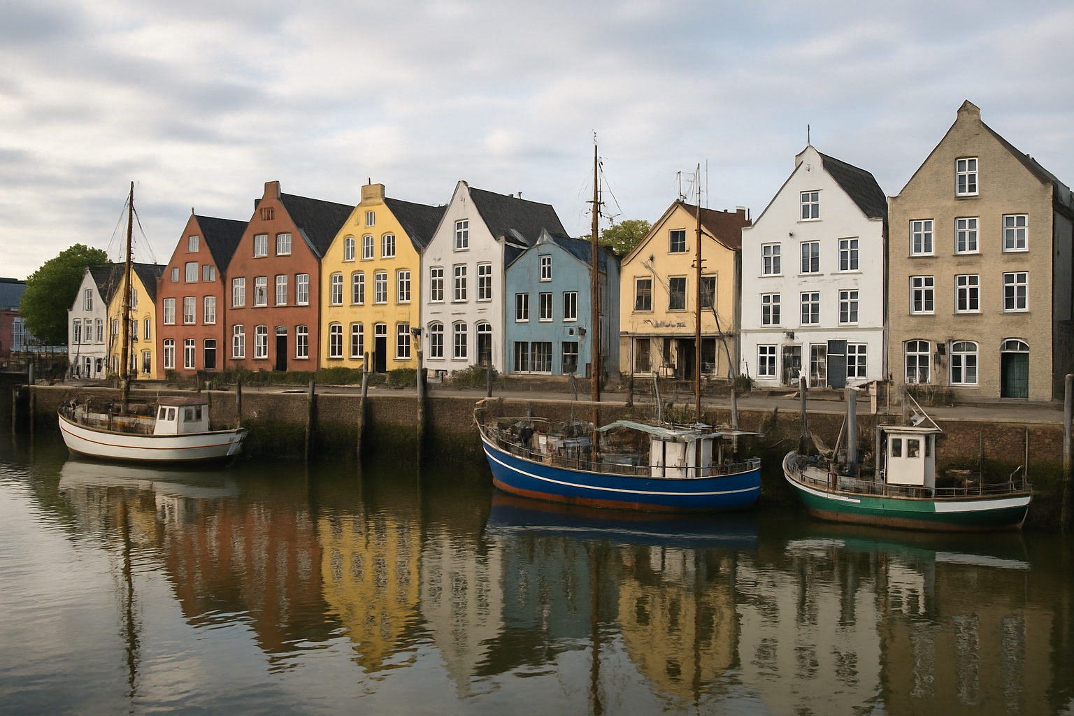Hafen von Husum an der Nordsee mit bunten Häusern und Booten