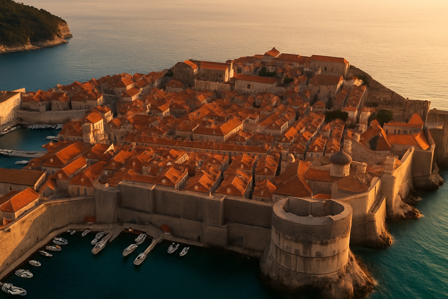 Altstadt von Dubrovnik mit Stadtmauern und roten Ziegeldächern an der Adria