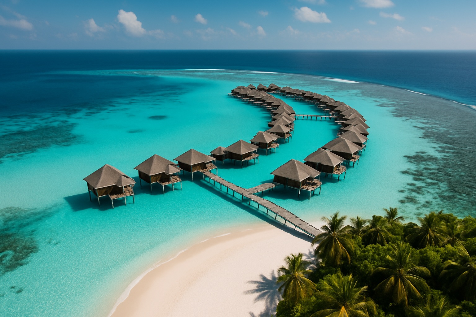Türkise Lagune mit Overwater-Bungalows auf den Malediven aus der Vogelperspektive