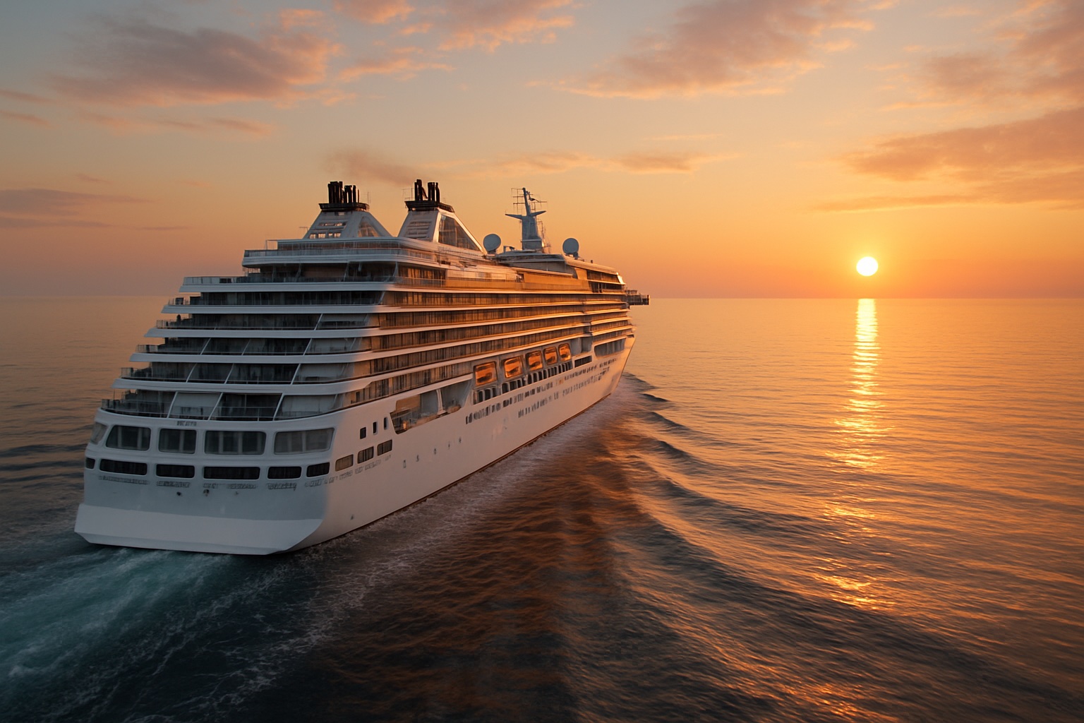 Grosses Kreuzfahrtschiff auf dem Meer bei Sonnenuntergang