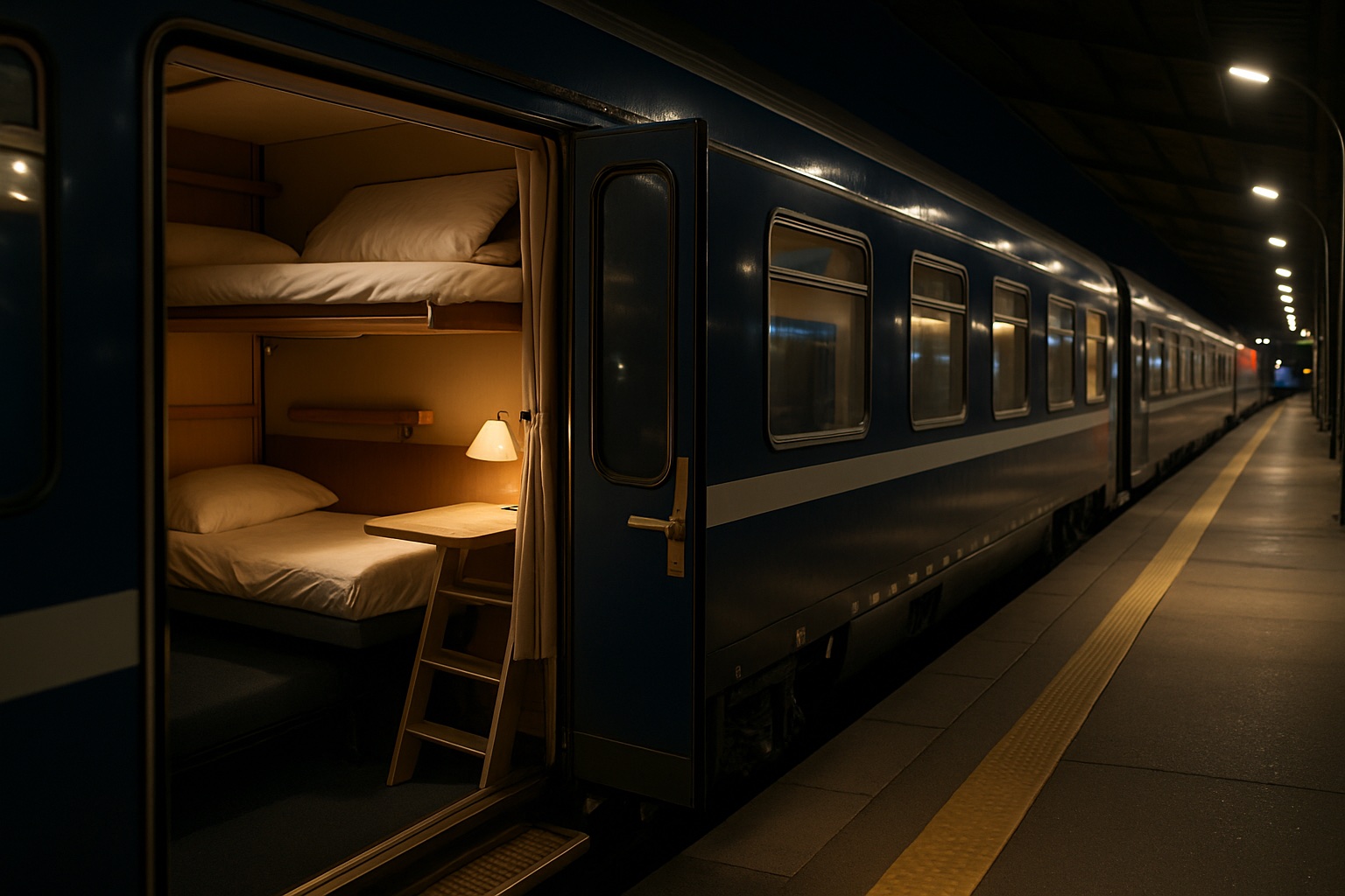 Moderner europaeischer Nachtzug am Bahnsteig
