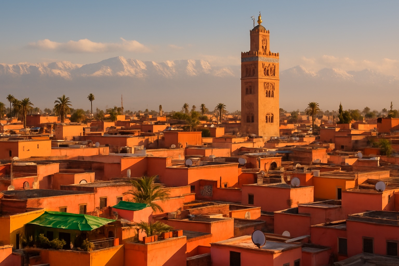 Dächer der Medina von Marrakesch mit Koutoubia-Minarett und schneebedecktem Atlasgebirge