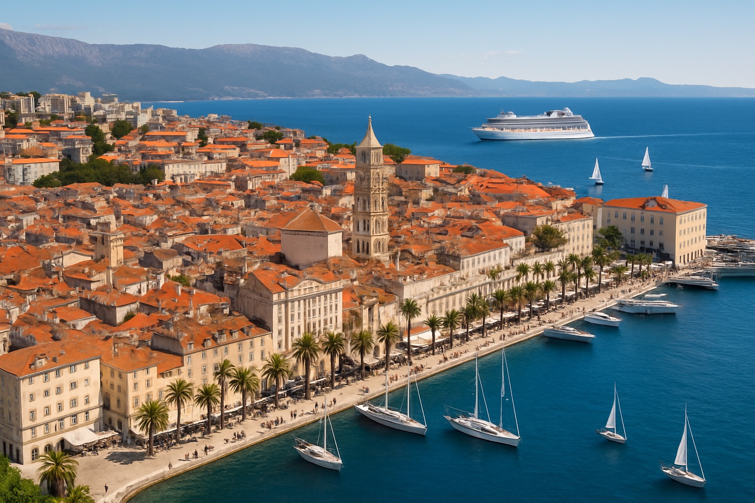 Altstadt und Hafen von Split an der dalmatinischen Küste Kroatiens mit Kreuzfahrtschiff