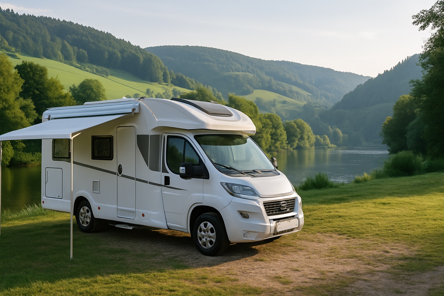 Weißes Wohnmobil auf einem Campingplatz am Fluss in der deutschen Landschaft