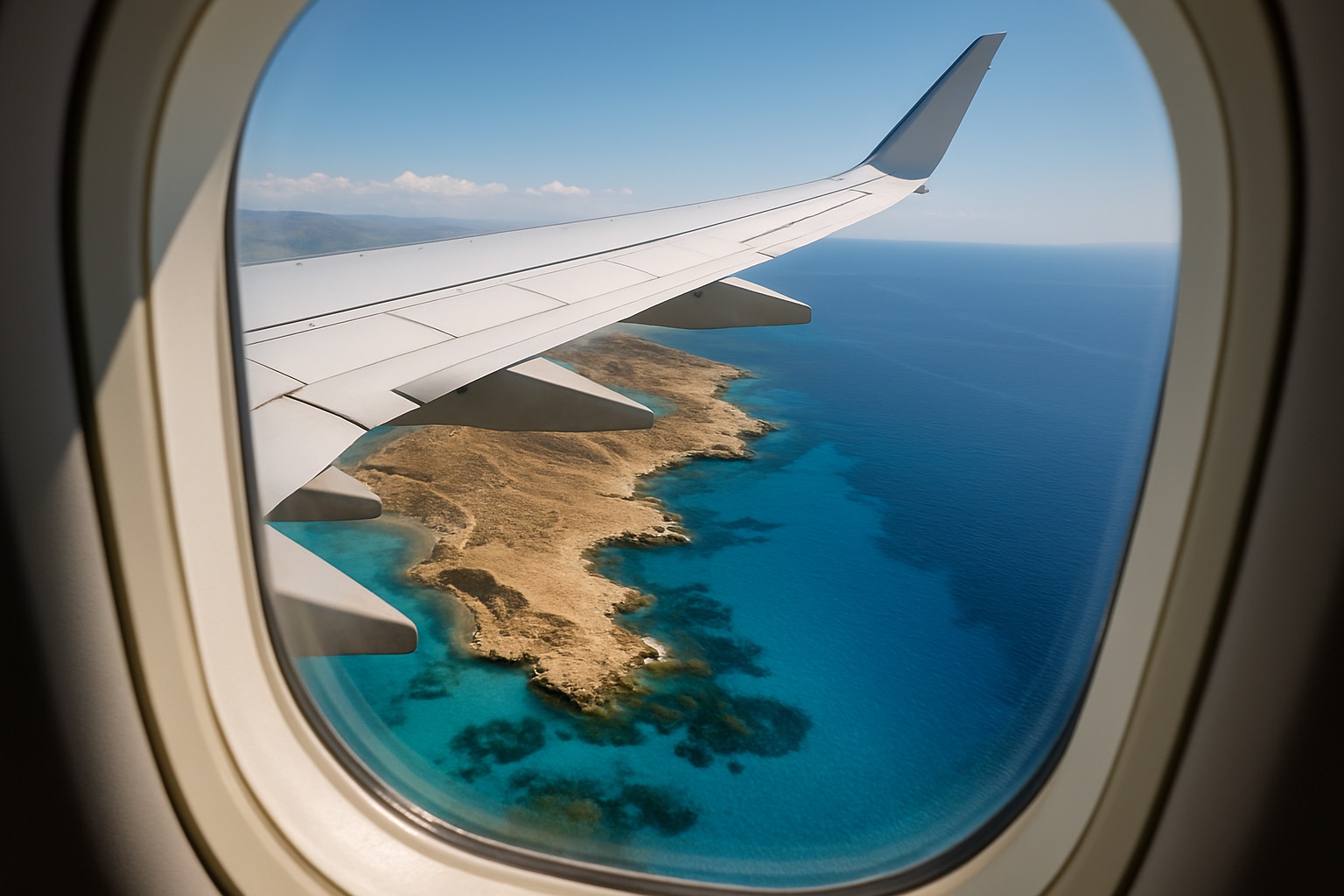Blick aus dem Flugzeugfenster auf die türkisblaue Küste Zyperns