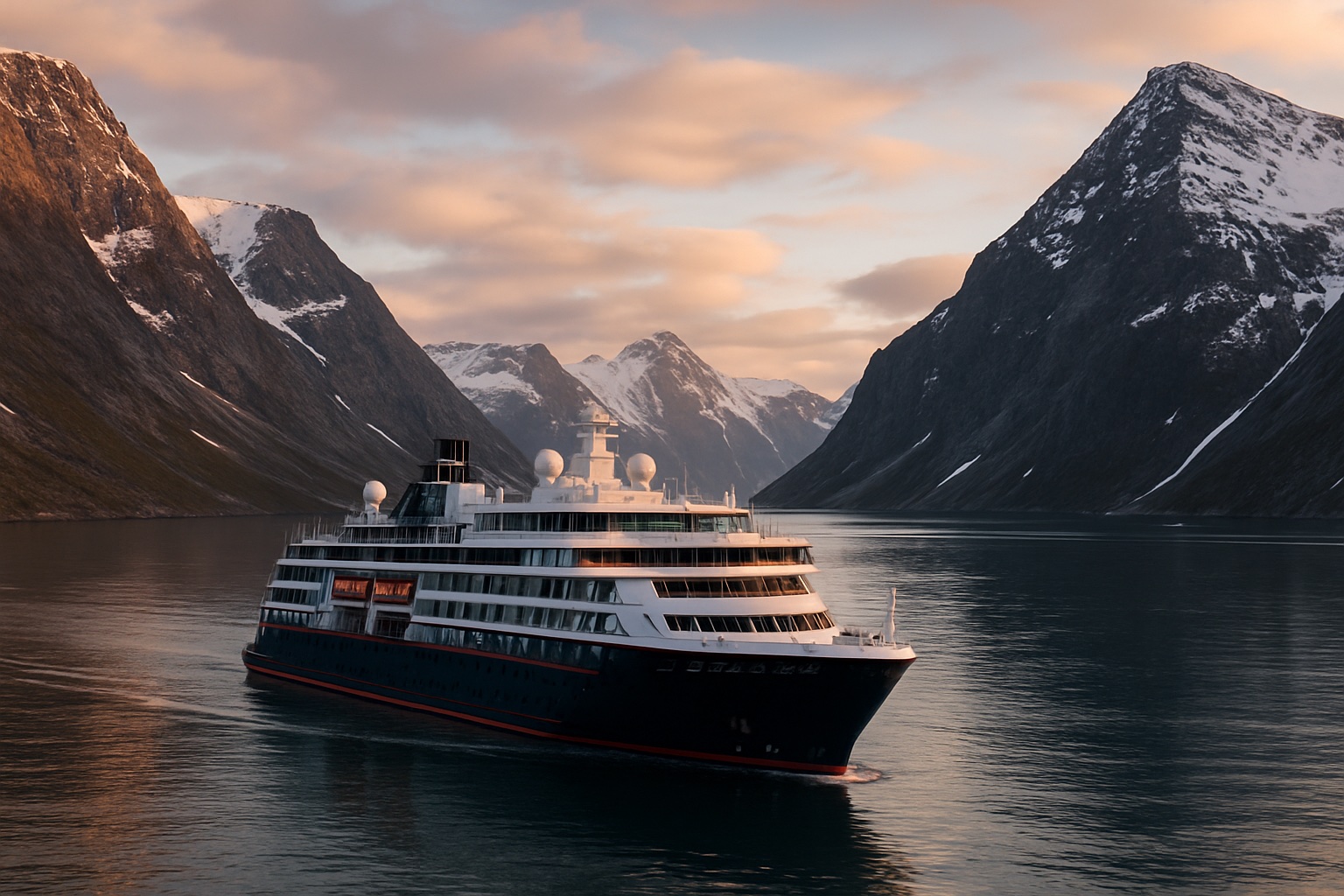 Modernes Kreuzfahrtschiff in einem norwegischen Fjord bei Spitzbergen im Abendlicht