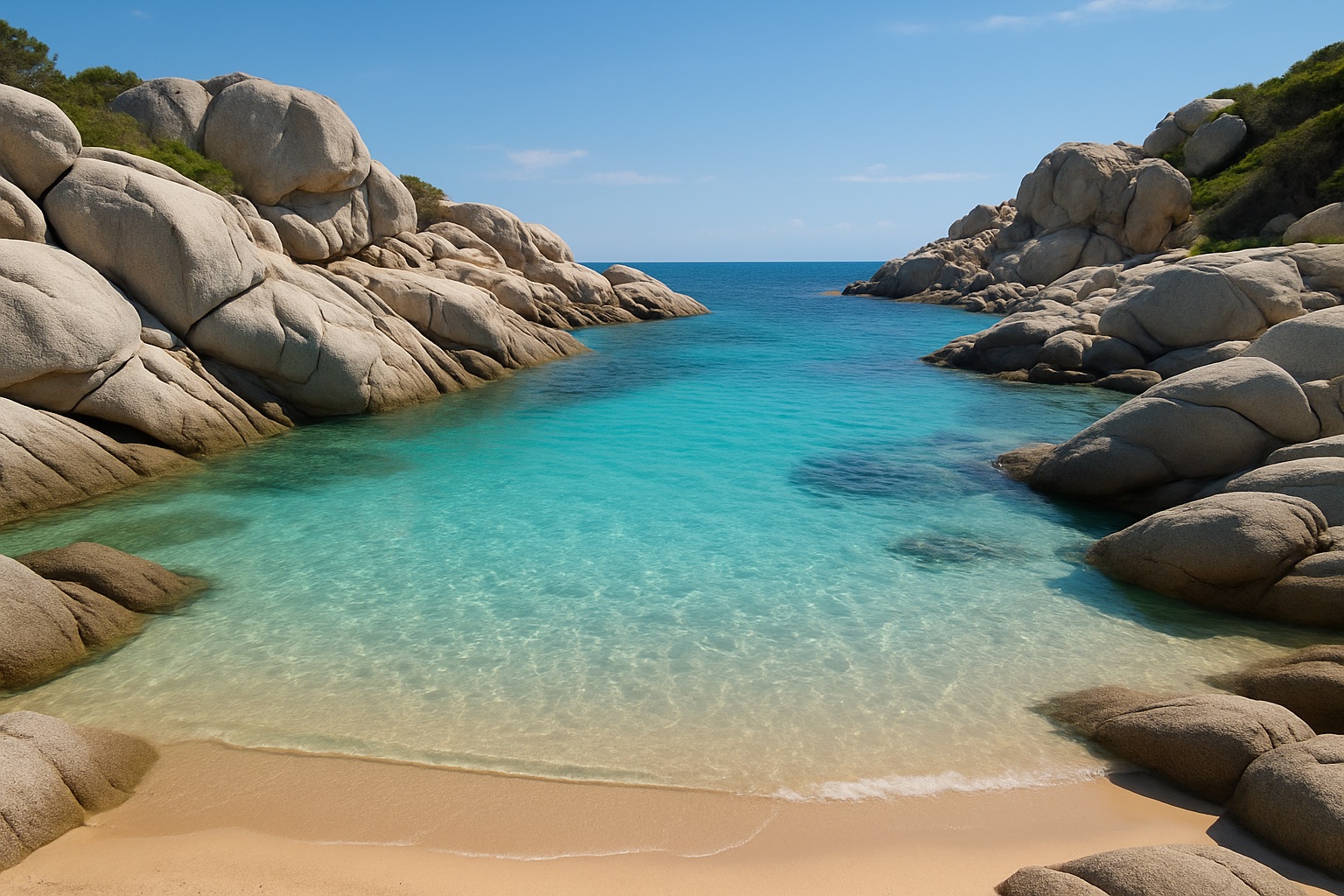 Türkisfarbenes Meer und weiße Granitfelsen an der Costa Smeralda bei Olbia auf Sardinien
