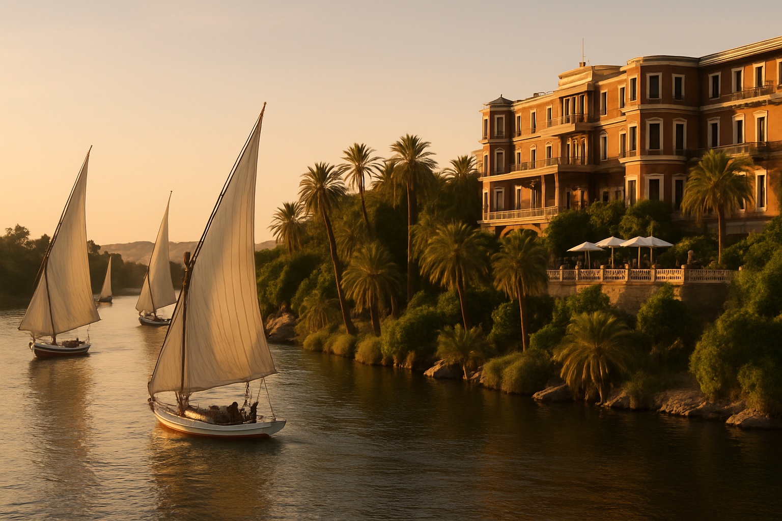 Feluken mit weißen Segeln auf dem Nil bei Assuan mit Palmengärten und historischer Luxushotel-Terrasse am Ufer