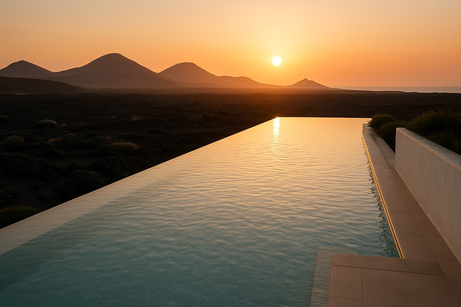 Wellness-Infinity-Pool mit Blick auf die vulkanische Lavalandschaft von Lanzarote im Abendlicht