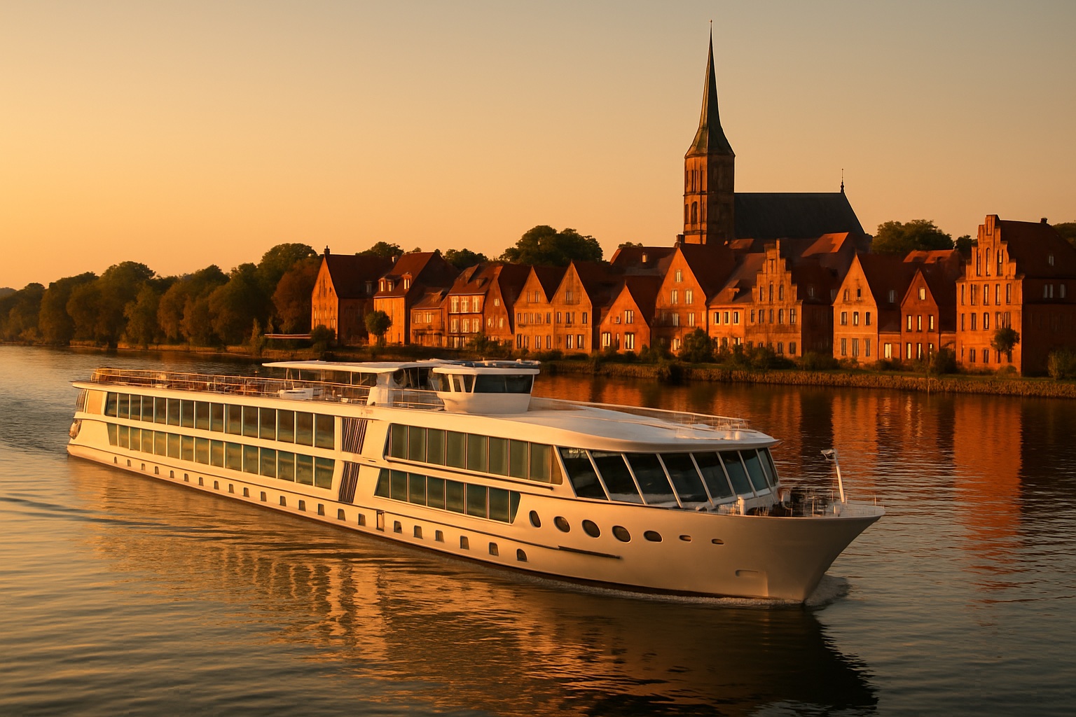 Flusskreuzfahrtschiff vor der deutschen Ostseeküste bei einer Hansestadt im Abendlicht