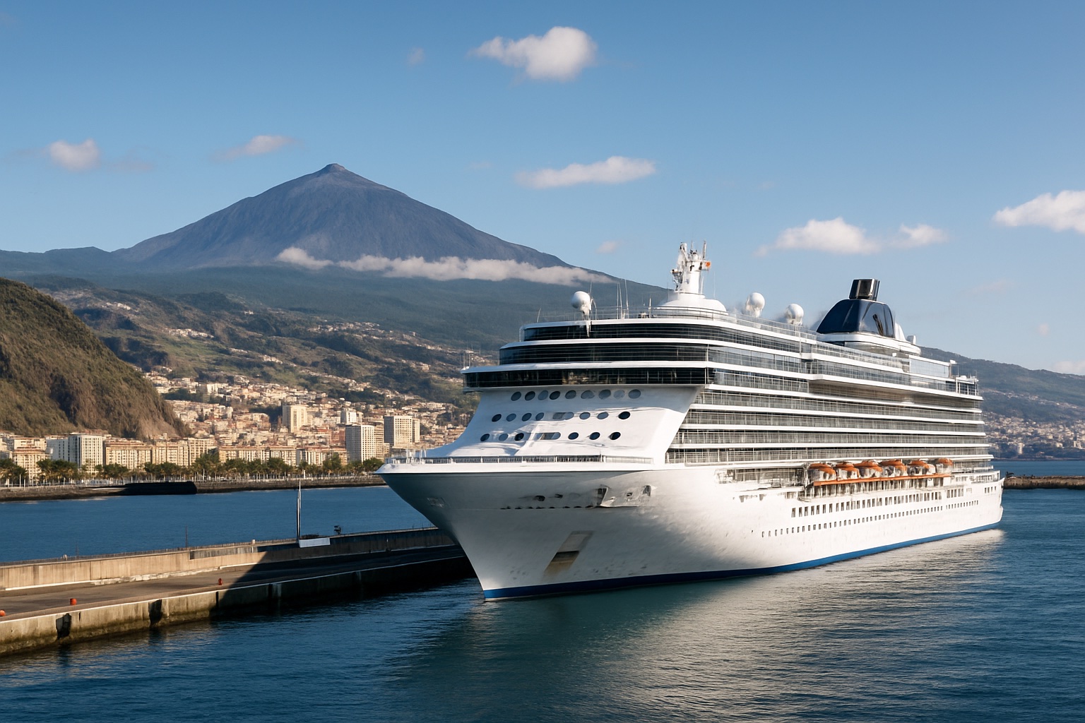 Kreuzfahrtschiff im Hafen von Santa Cruz de Teneriffa mit dem Vulkan Teide im Hintergrund