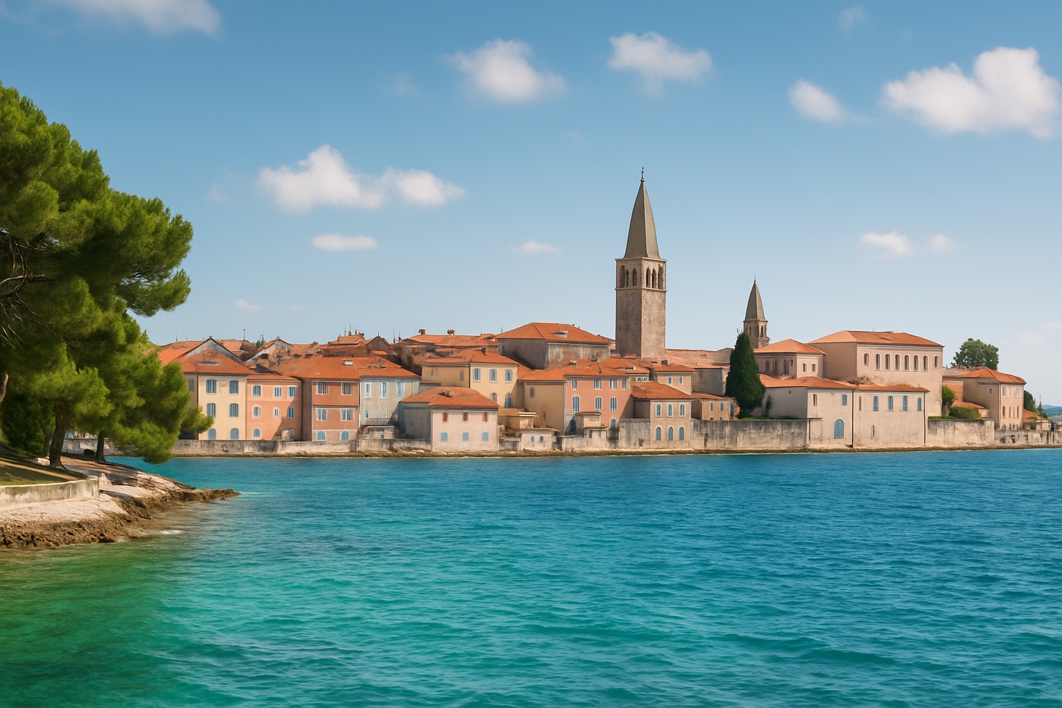 Küstenpanorama der Altstadt von Poreč in Istrien mit Glockenturm und türkiser Adria