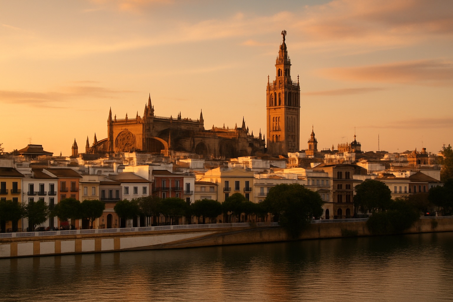 Sevilla in Andalusien mit dem Giralda-Turm und der Kathedrale im Abendlicht