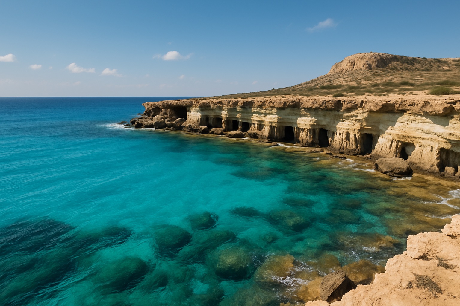 Küste von Zypern bei Cape Greco mit türkisem Meer und Felsbuchten