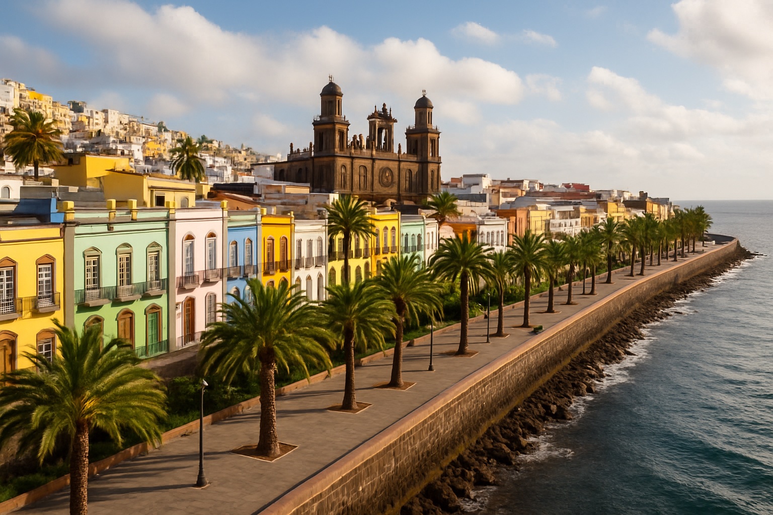Altstadt von Las Palmas de Gran Canaria mit Uferpromenade, Palmen und dem Atlantik