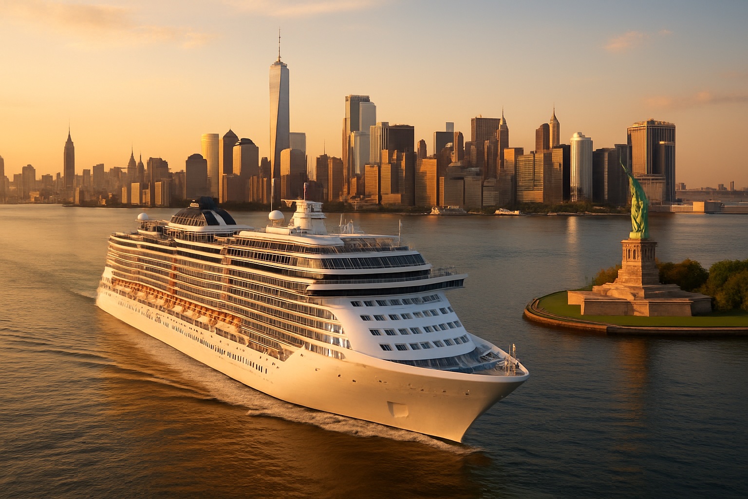 Modernes Kreuzfahrtschiff verlässt den Hafen von New York mit der Skyline von Manhattan und der Freiheitsstatue