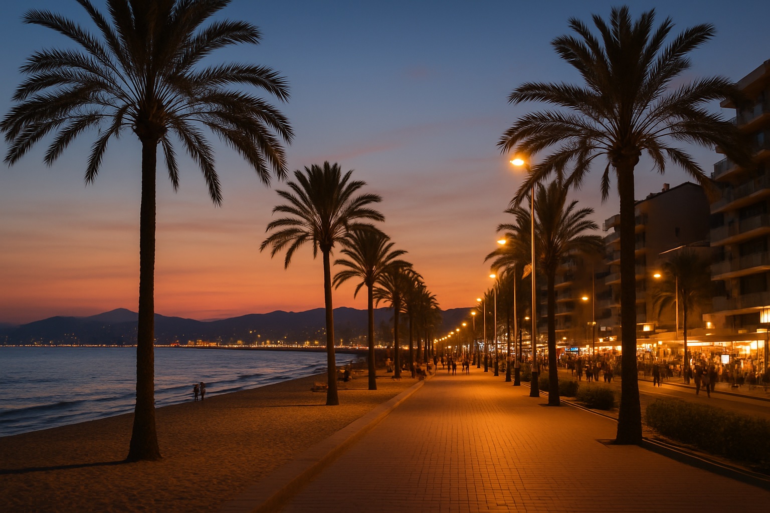 Abendstimmung an der Playa de Palma auf Mallorca mit beleuchteter Strandpromenade