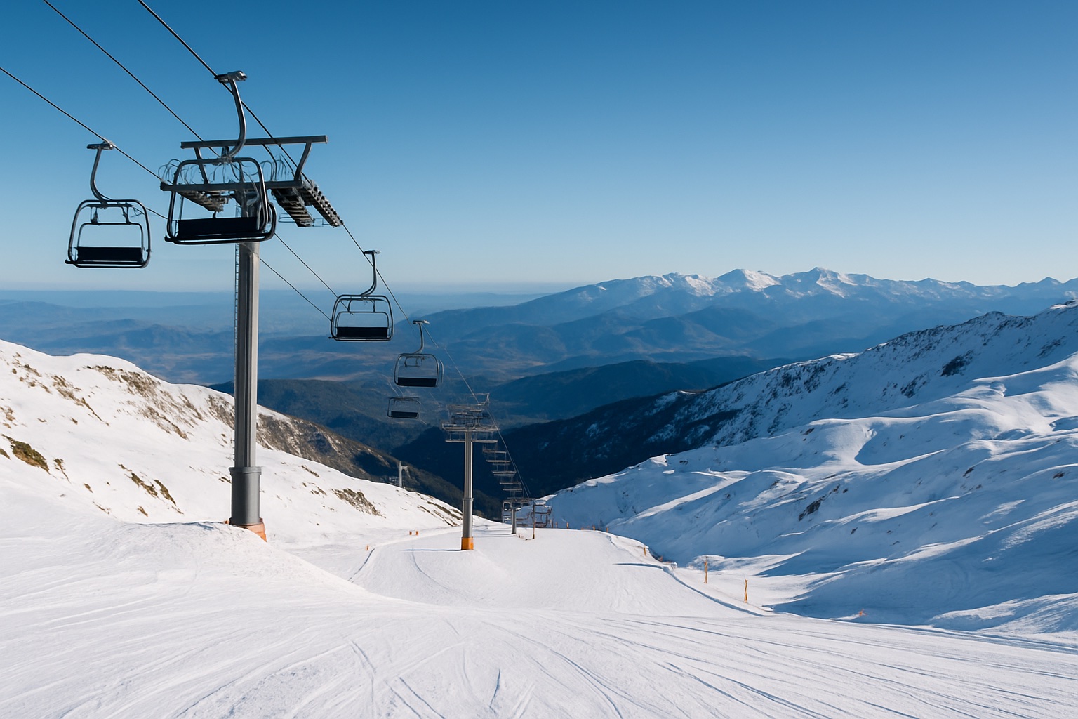 Skigebiet Sierra Nevada bei Granada mit verschneiten Pisten und Sessellift