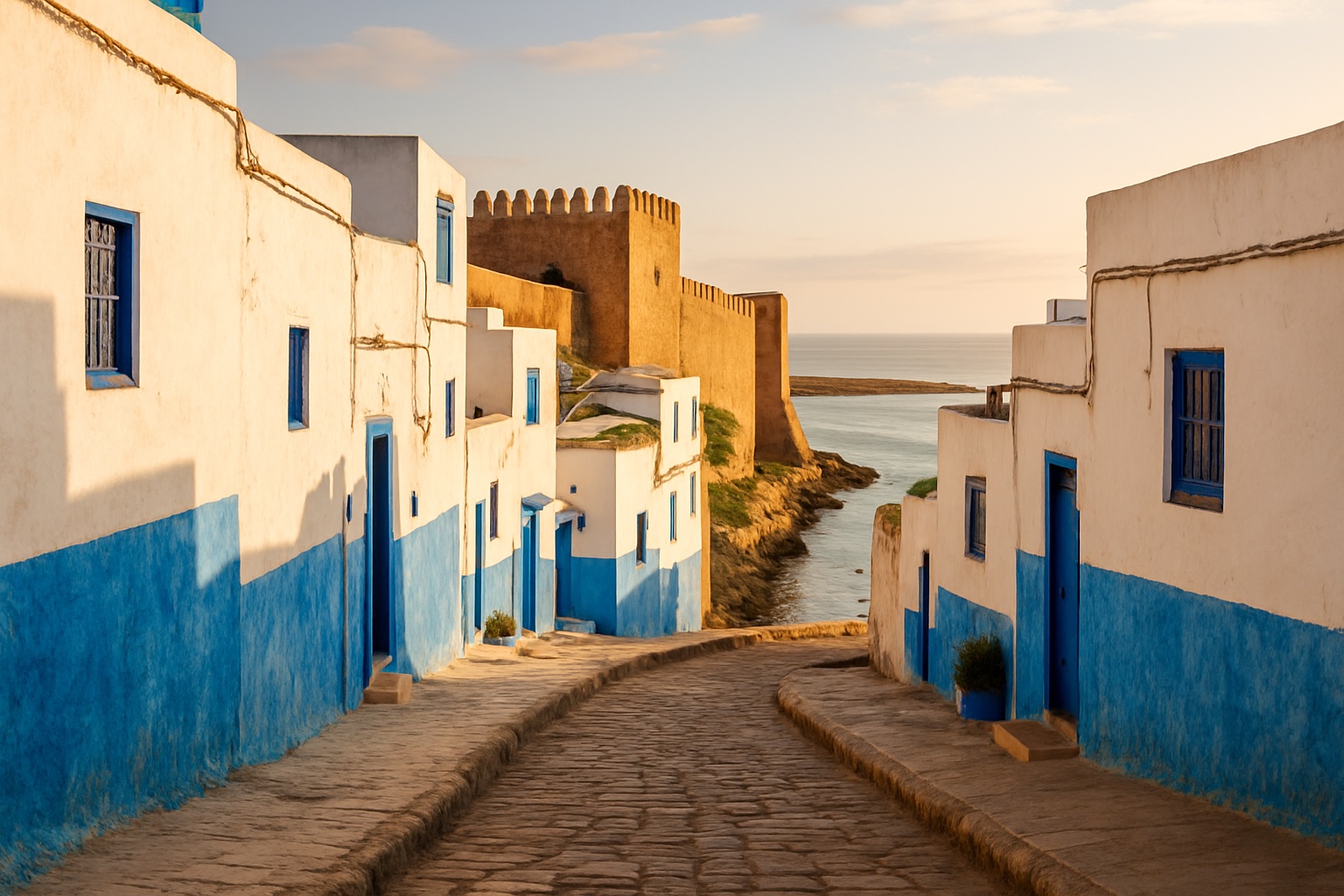 Kasbah des Oudayas mit blau-weißen Gassen in Rabat, Marokko