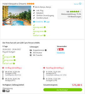 Screenshot Alanya Reisedeal Hotel Kleopatra Dreams