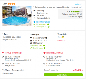 Screenshot Bulgarien Reisedeal Hotel Lion