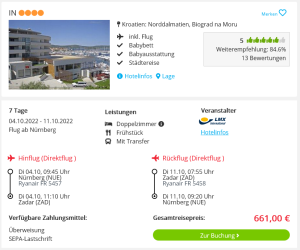 Screenshot Kroatien Reisedeal Hotel IN