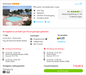 Screenshot Kroatien Reisedeal Hotel Kolovare