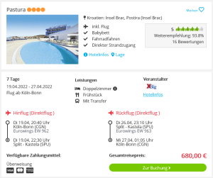 Screenshot Kroatien Reisedeal Hotel Pastura auf Brac