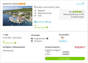 Screenshot Kroatien Reisedeal Katarina Hotel