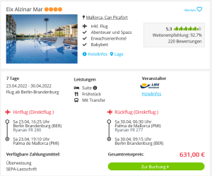 Screenshot Mallorca Reisedeal Hotel Eix Alzinar Mar