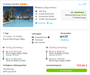 Screenshot Mallorca Reisedeal Hotel Holiday Garden