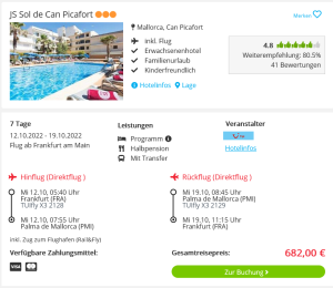 Screenshot Mallorca Reisedeal Hotel JS Sol de Can Picafort