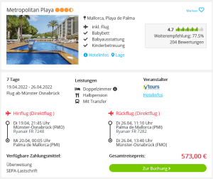 Screenshot Mallorca Reisedeal Hotel Metropolitan Playa