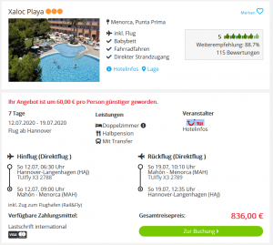 Screenshot Menorca Deal Hotel Xaloc Playa