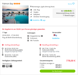 Screenshot Montenegro Reisedeal Hotel Palmon Bay