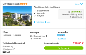 Screenshot Ostsee Reisedeal Cliff Hotel Rügen