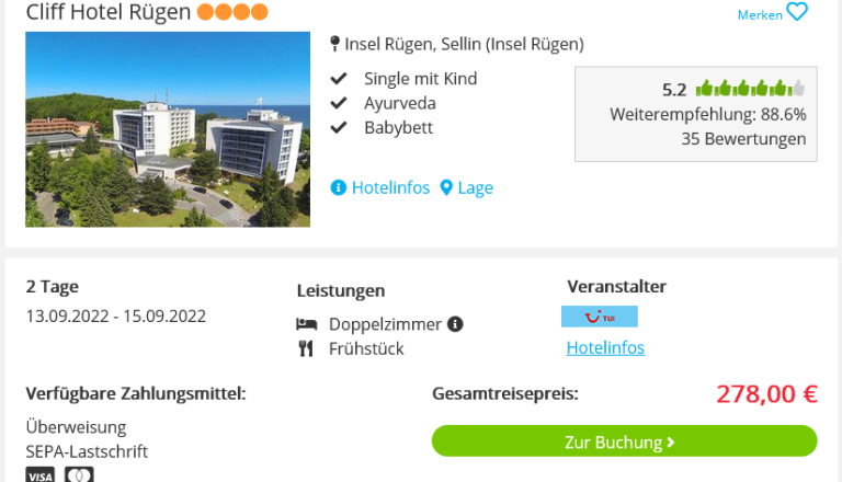 Screenshot Ostsee Reisedeal Cliff Hotel Rügen