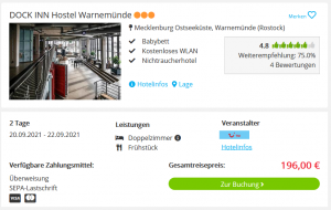 Screenshot Ostsee Reisedeal Dock Inn Hostel Warnemünde