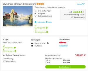 Screenshot Ostsee Reisedeal Hotel Wyndham Stralsund HanseDom