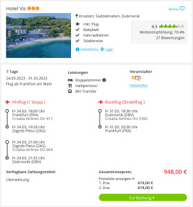 Screenshot Reisedeal Kroatien Hotel Vis