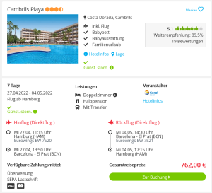 Screenshot Spanien Reisedeal Hotel Cambrils Playa