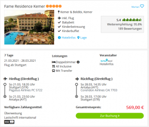 Screenshot Türkei Deal Hotel Fame Residence Kemer